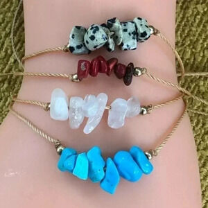 Set of 4 Adjustable Beaded Bracelets Carnelian, Quartz, Dalmatian, Turquoise